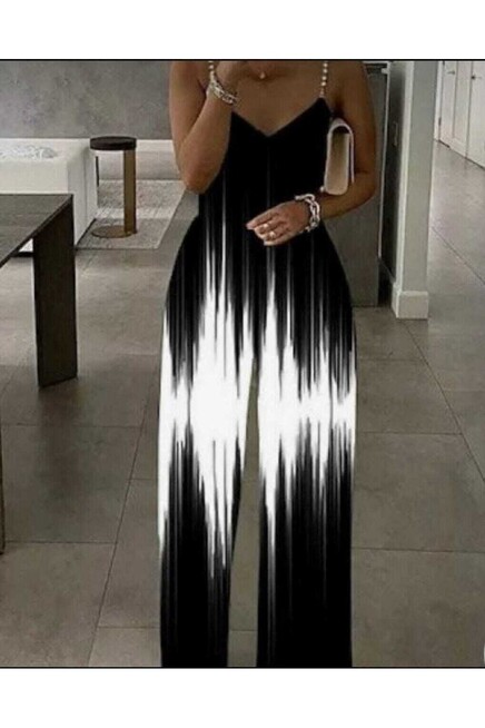 Ithal Mikro Kumaş İnci Askılı Siyah Beyaz Baskılı Tulum