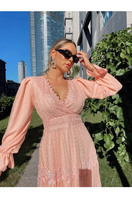 Nakışlı Maxi Tül Elbise