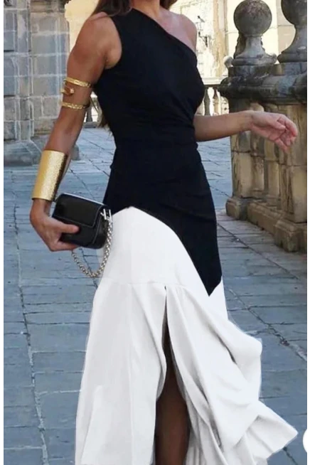 Atlas Kumaş Çift Renk Garnili Elbise