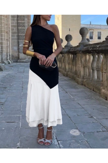 Atlas Kumaş Çift Renk Garnili Elbise