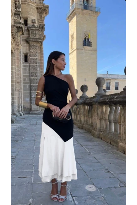 Atlas Kumaş Çift Renk Garnili Elbise