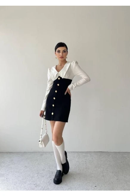 Atlas Kumaş Çift Renklı Düğme Detaylı Elbise