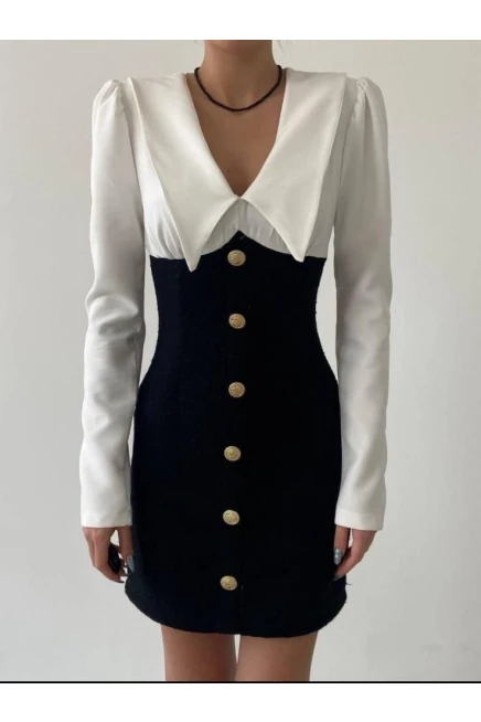 Atlas Kumaş Çift Renklı Düğme Detaylı Elbise