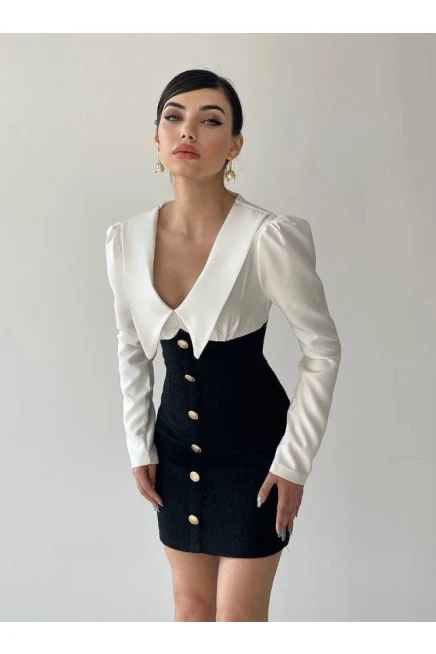 Atlas Kumaş Çift Renklı Düğme Detaylı Elbise