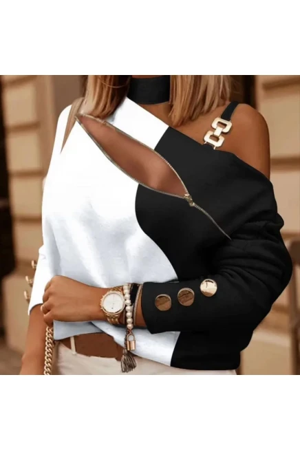 Atlas Kumaş Omzu Tokalı Yakası Fermuarlı  Tasarım Bluz