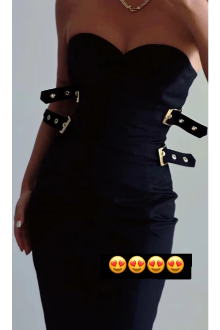 Atlas Kumaş Toka Detaylı Straplez Midi Boy Elbise