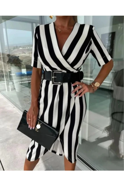 Çizgi Desen Kemer Detaylı Atlas Kumas Elbise
