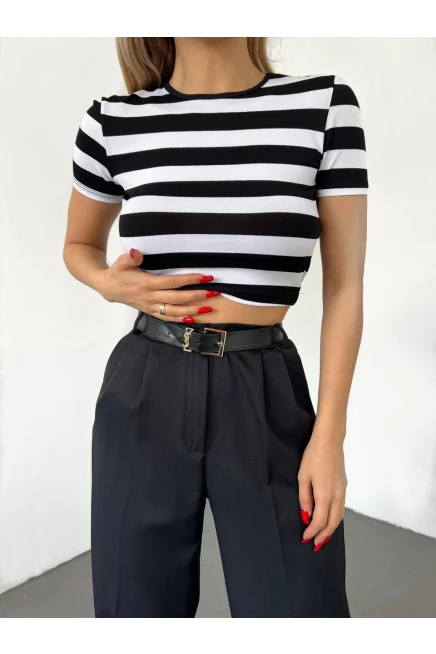 Çizgili Viskon Likralı Kumaş Sırt Dekolteli Kemer Detaylı  Croptop