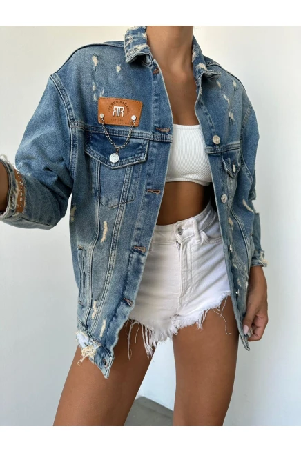 Deri Zincir ve Kol Manşet Deri Detay Denim Kot Ceket