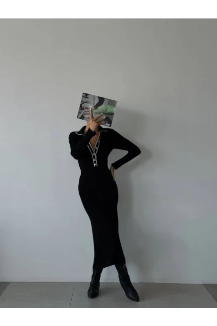 Düğmeli Maxi Boy Triko Elbise