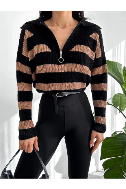 Fermuarlı Çizgi Desen Triko