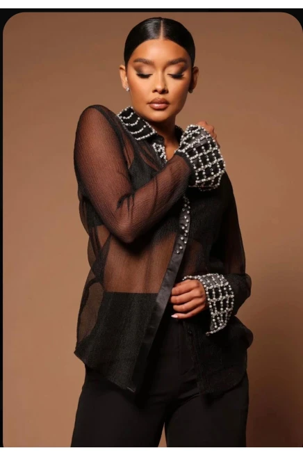 İthal Fransız Dantel  Kumaş İncı Detaylı Gömlek