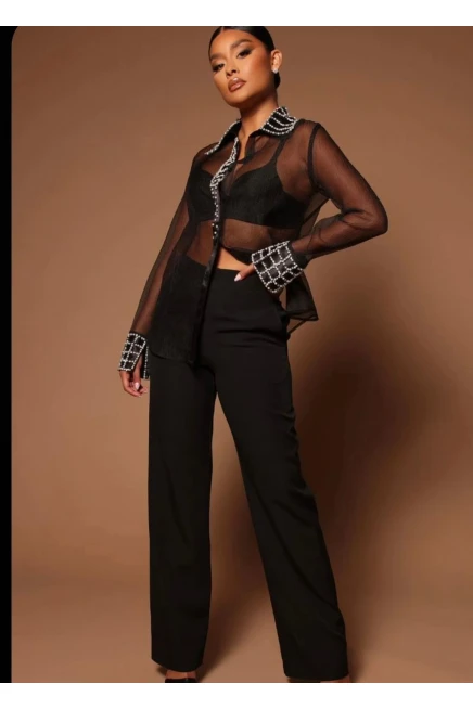 İthal Fransız Dantel  Kumaş İncı Detaylı Gömlek