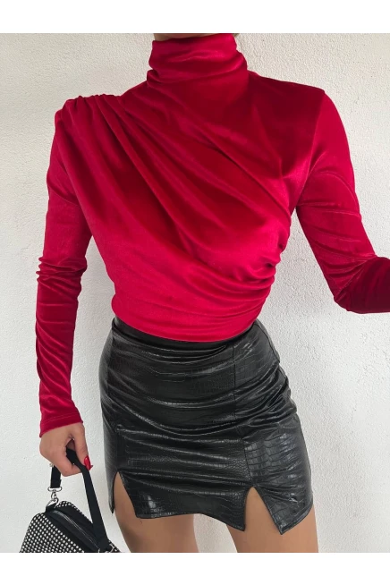 İthal İnci Kadife Kumaş Omuz ve Bel Pile Dik Yaka Bluz