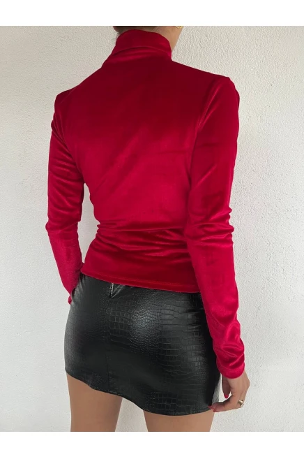 İthal İnci Kadife Kumaş Omuz ve Bel Pile Dik Yaka Bluz