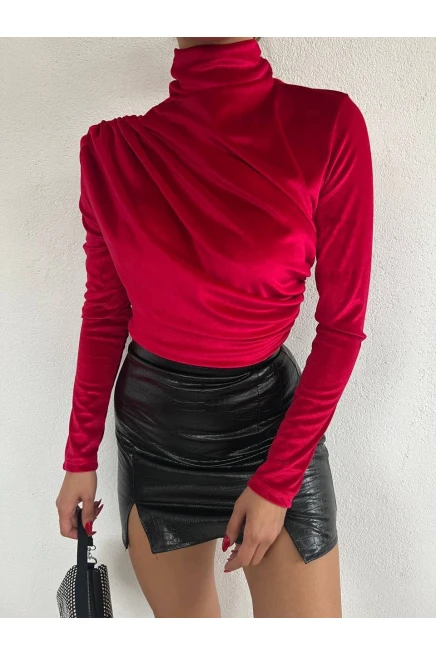 İthal İnci Kadife Kumaş Omuz ve Bel Pile Dik Yaka Bluz