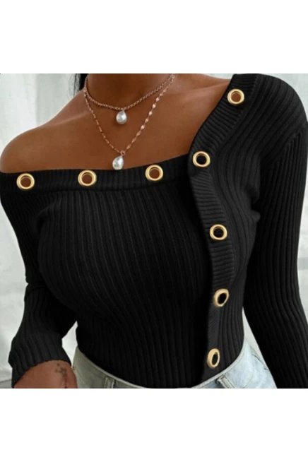 Kaşkorse Düğmeli Asimetrik Yaka Bluz