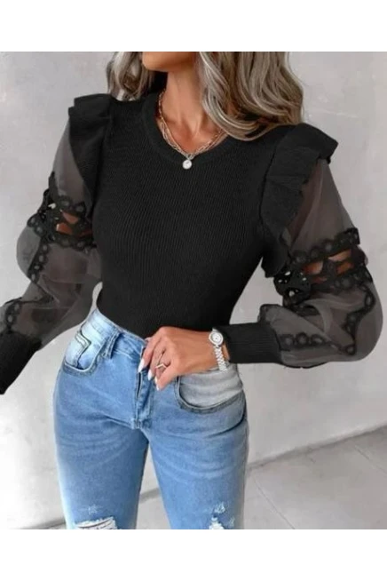 Kolları Güpürlü Kaşkorse Bluz