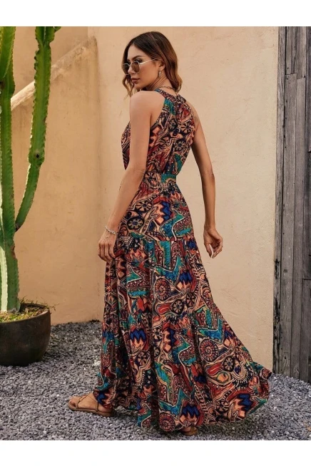 Kolsuz Halter Yaka Beli Lastikli Otantik Desenli Mikro Kumaş Elbise