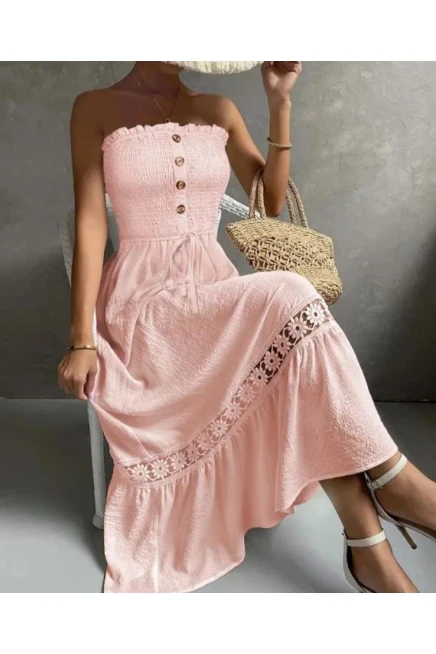 Krinkıl Kumaş Gipe Ve Güpür Dantel Detaylı  Midi Boy Elbise