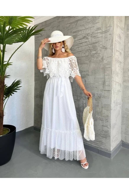 Madonna Yaka Güpürlü Maxi Elbise