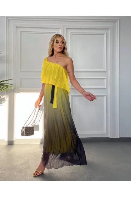 Madonna Yaka Renk Geçişli Piliseli Maxi Şifon Elbise