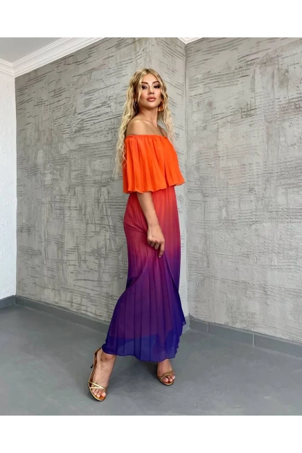 Madonna Yaka Renk Geçişli Piliseli Maxi Şifon Elbise