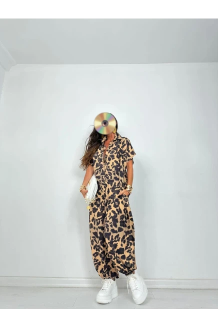 Mikro Kumaş Salash  Leopar Desenli Tulum
