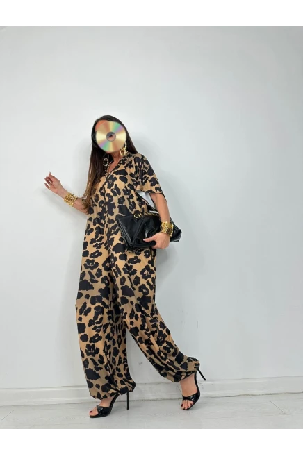 Mikro Kumaş Salash  Leopar Desenli Tulum
