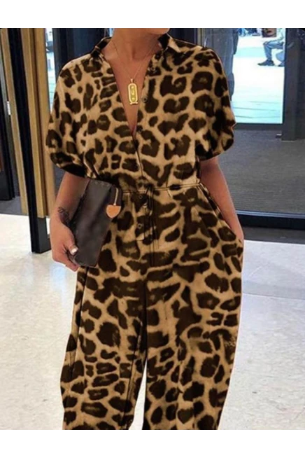 Mikro Kumaş Salash  Leopar Desenli Tulum