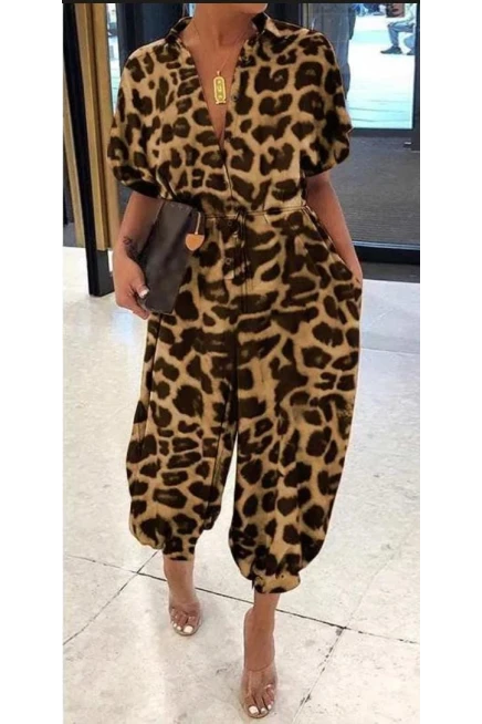 Mikro Kumaş Salash  Leopar Desenli Tulum