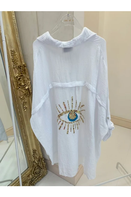 Müslin Kumaş Nakış İşleme Detaylı Tunik