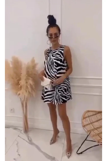New Sezon Prenses Kumaş Zebra Desen Şort Elbise