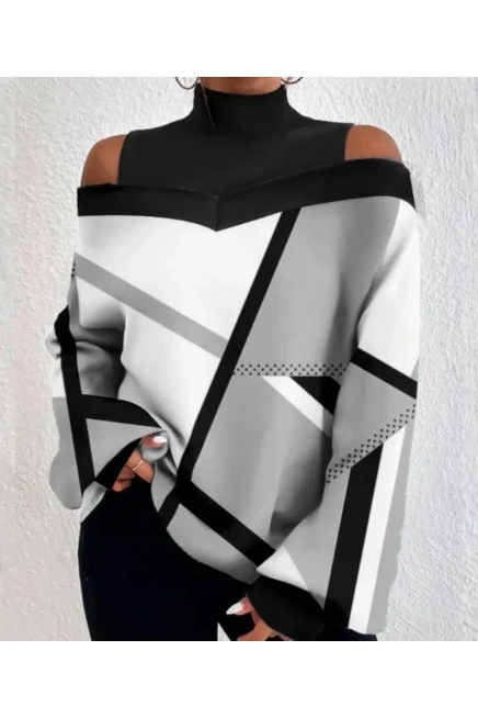 Dalgıç Kumaş Çizgi Desen Dijital Baskılı Bluz