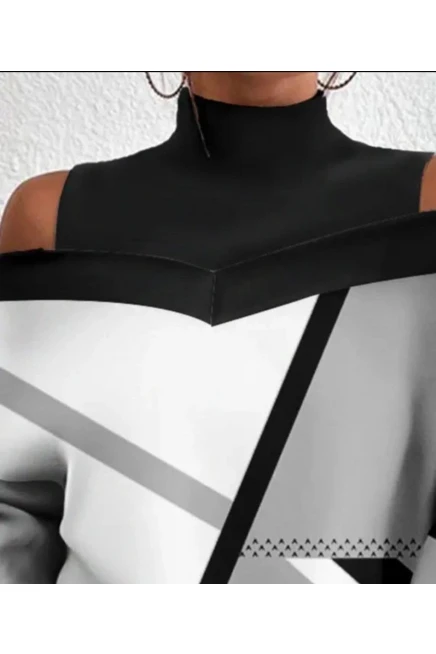 Dalgıç Kumaş Çizgi Desen Dijital Baskılı Bluz