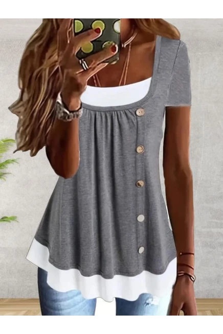 Önü Düğmeli Çift Renk Viskon Bluz