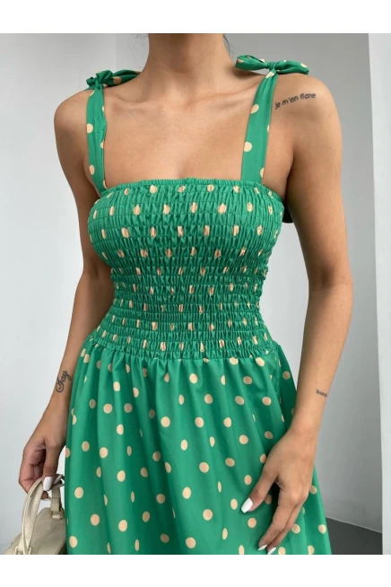 Puantiyeli Omuz Bağlamalı Elbise