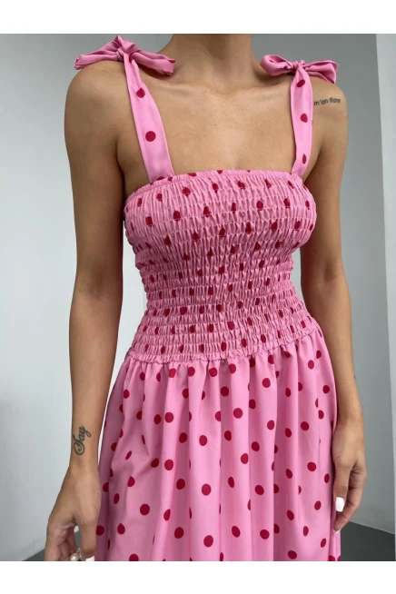 Puantiyeli Omuz Bağlamalı Elbise