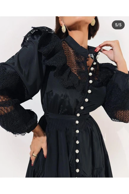 Saten Kumaş Dantel Detaylı İnci  Elbise