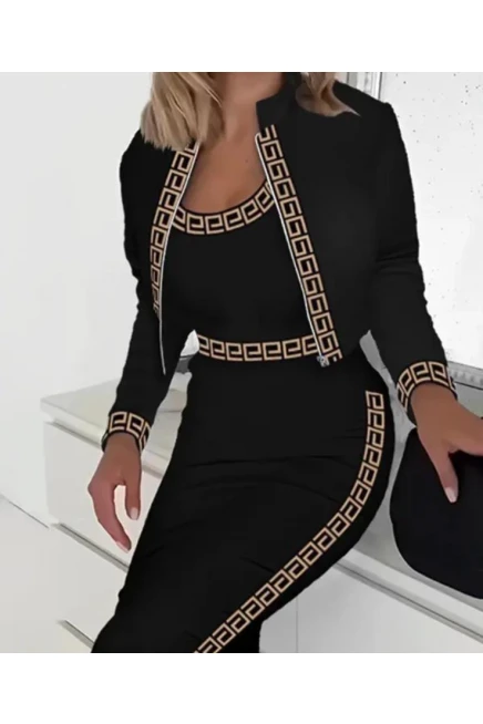 Scuba Dalgıç Kumaş Dijital Baskı Detaylı Ceket Elbise Takım