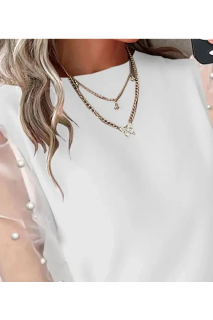 Scuba Dalgıç Kumaş Düğme ve İnci Detaylı Bluz