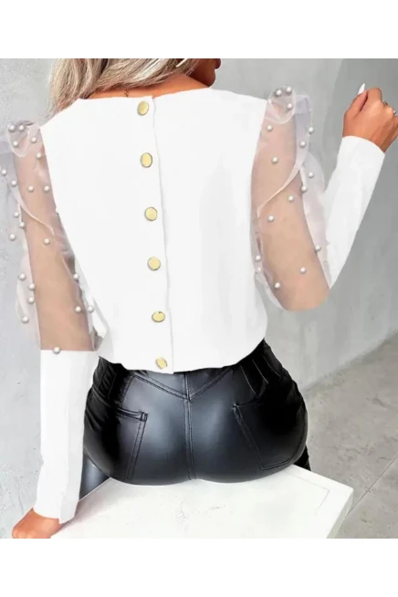 Scuba Dalgıç Kumaş Düğme ve İnci Detaylı Bluz