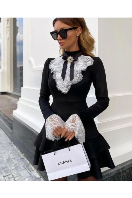 Scuba Dalgıç Kumaş İthal Dantel ve Bronş Detaylı Elbise