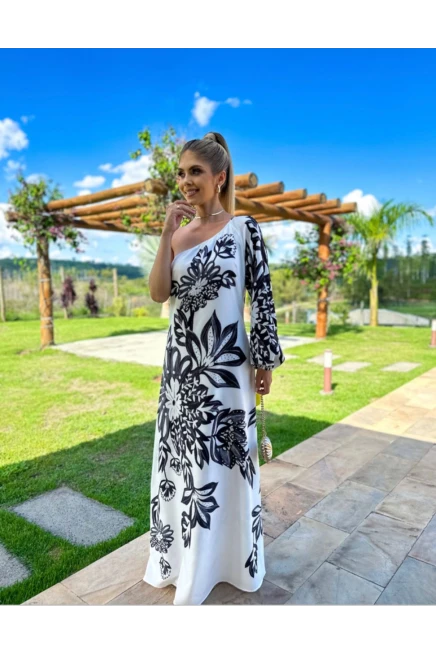 Tek Omuz Çiçek Detaylı İthal  Jessica Kumas Elbise