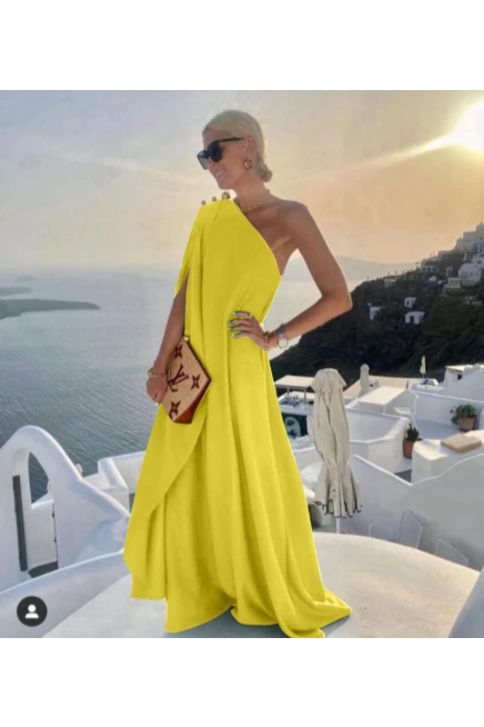 Tek Omuz Düğme Detaylı Yarasa Kol Elbise İthal Jessica Kumas
