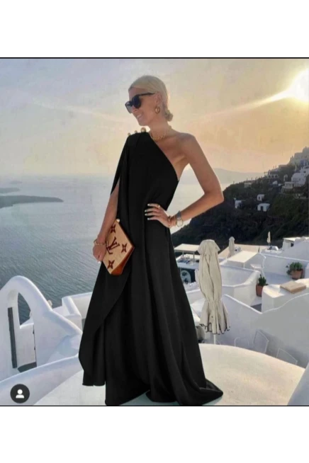 Tek Omuz Düğme Detaylı Yarasa Kol Elbise İthal Jessica Kumas