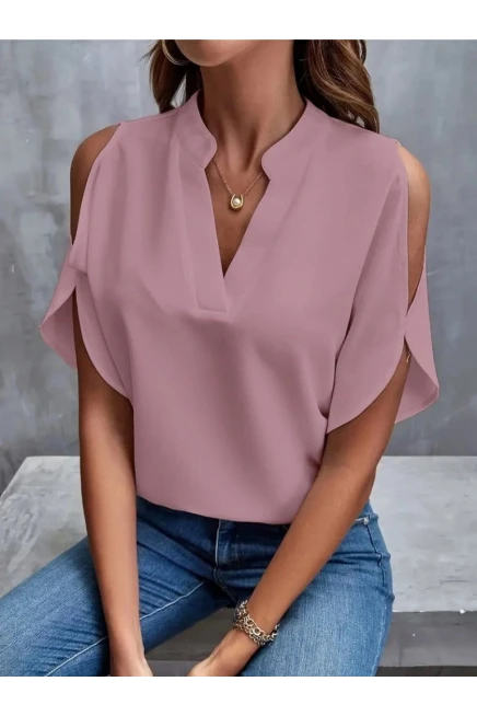 V Yakalı İki Omuzu Açık Baskılı Dokuma Bluz