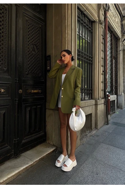Altın Düğmeli Pamuk Keten Blazer Ceket