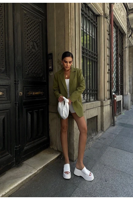 Altın Düğmeli Pamuk Keten Blazer Ceket