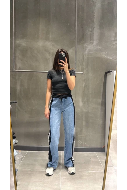 Beli Bağcıklı Yan Şerit Çizgili Denim Pantolon